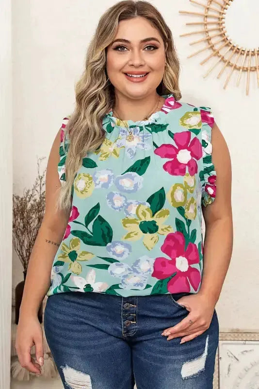 Green Floral Ruffle Trim Tank Top - Fashionfitz