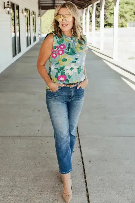 Green Floral Ruffle Trim Tank Top - Fashionfitz