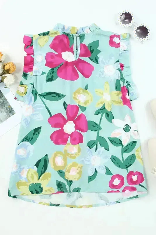 Green Floral Ruffle Trim Tank Top - Fashionfitz