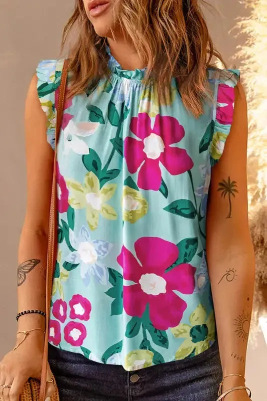 Green Floral Ruffle Trim Tank Top - Fashionfitz