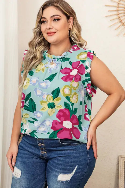 Green floral print ruffle trim tank top - tops