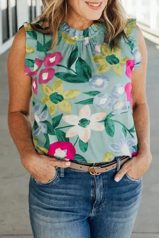 Green Floral Ruffle Trim Tank Top - Fashionfitz