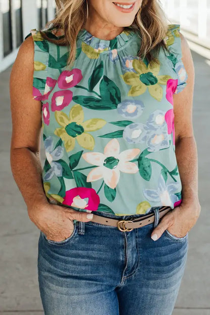 Green floral print ruffle trim tank top - s / 100% viscose - tops