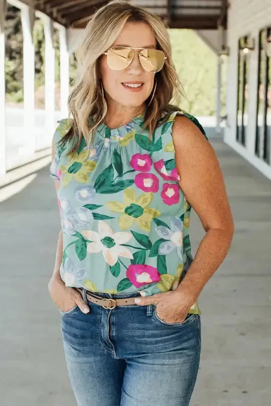Green Floral Ruffle Trim Tank Top - Fashionfitz