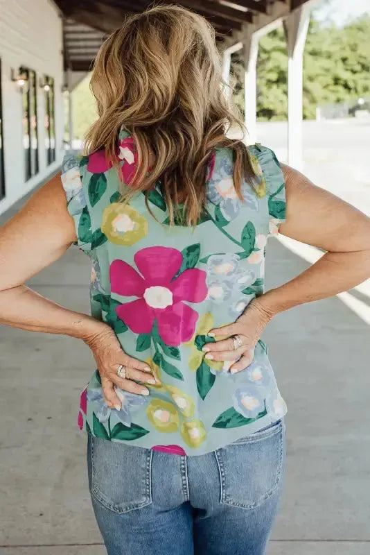 Green Floral Ruffle Trim Tank Top - Fashionfitz