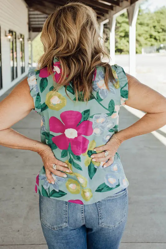 Green floral print ruffle trim tank top - tops