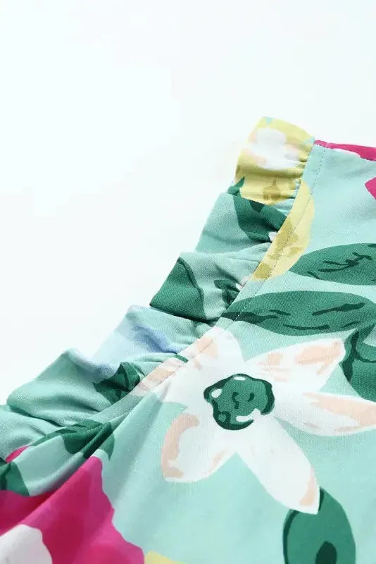Green Floral Ruffle Trim Tank Top - Fashionfitz