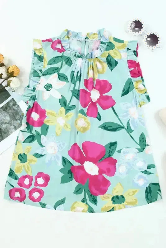 Green Floral Ruffle Trim Tank Top - Fashionfitz