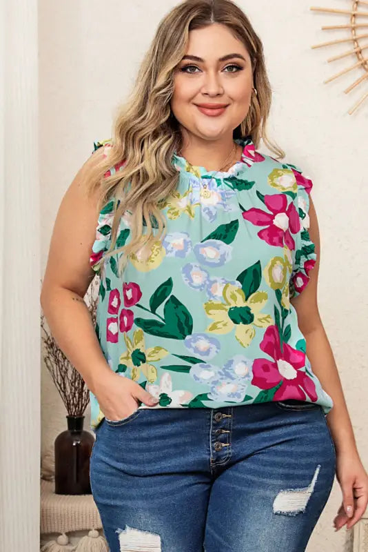 Green floral print ruffle trim tank top - tops