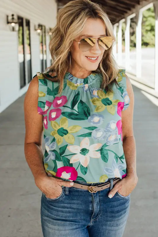 Green floral print ruffle trim tank top - tops