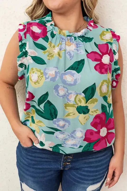 Green Floral Ruffle Trim Tank Top - Fashionfitz
