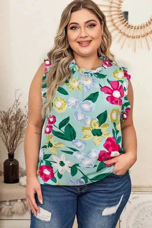Green Floral Ruffle Trim Tank Top - Fashionfitz