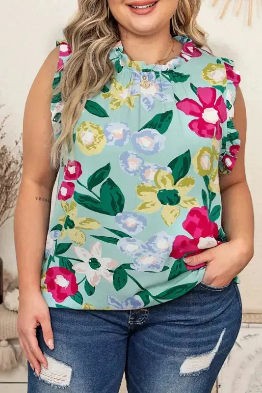 Green Floral Ruffle Trim Tank Top - Fashionfitz