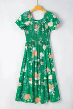 Green Floral Smocked Tiered Midi Dress - Fashionfitz