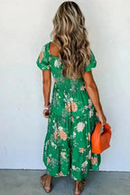 Green Floral Smocked Tiered Midi Dress - Fashionfitz