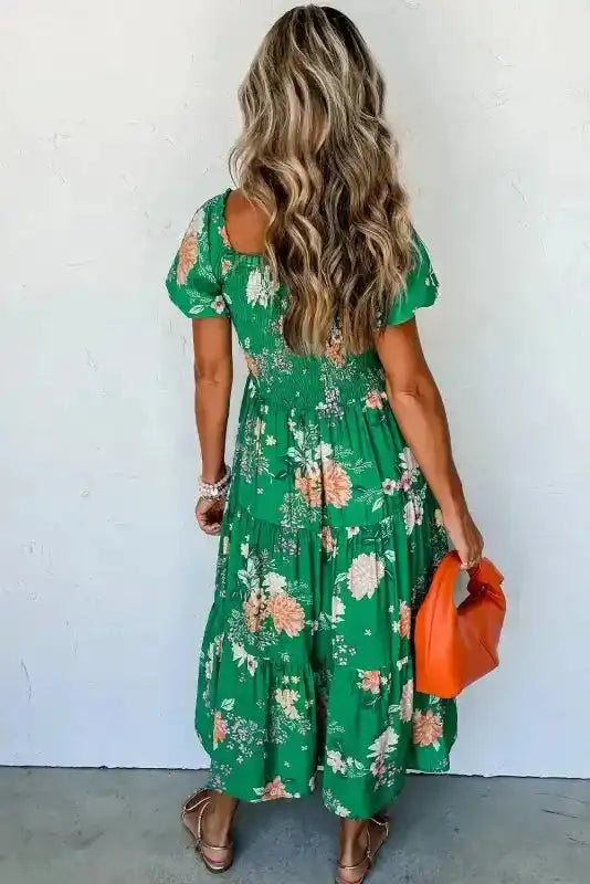 Green Floral Smocked Tiered Midi Dress - Fashionfitz