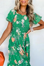 Green Floral Smocked Tiered Midi Dress - Fashionfitz