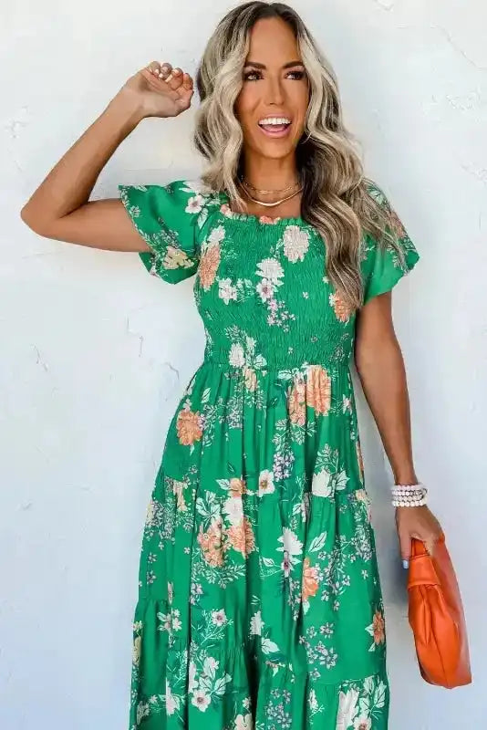 Green Floral Smocked Tiered Midi Dress - Fashionfitz
