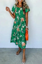 Green Floral Smocked Tiered Midi Dress - Fashionfitz