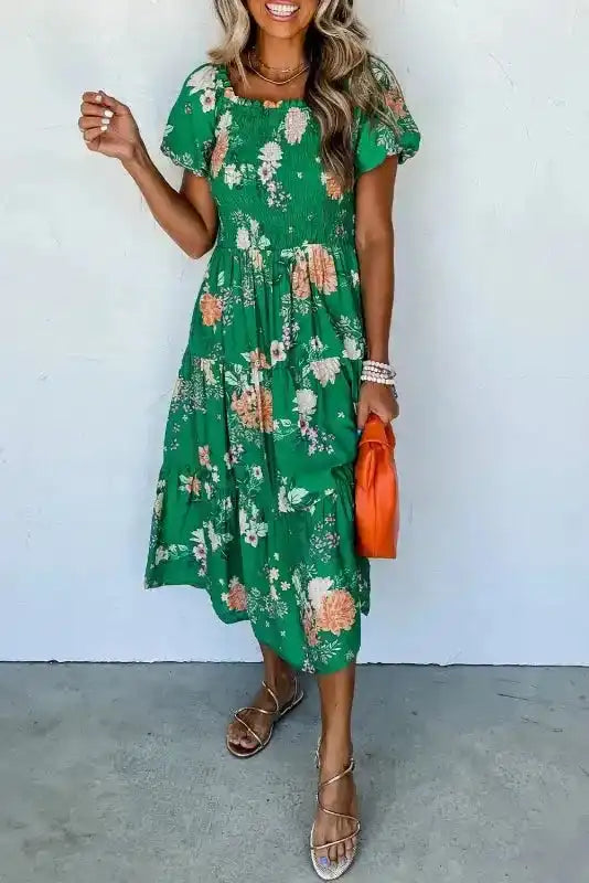 Green Floral Smocked Tiered Midi Dress - Fashionfitz