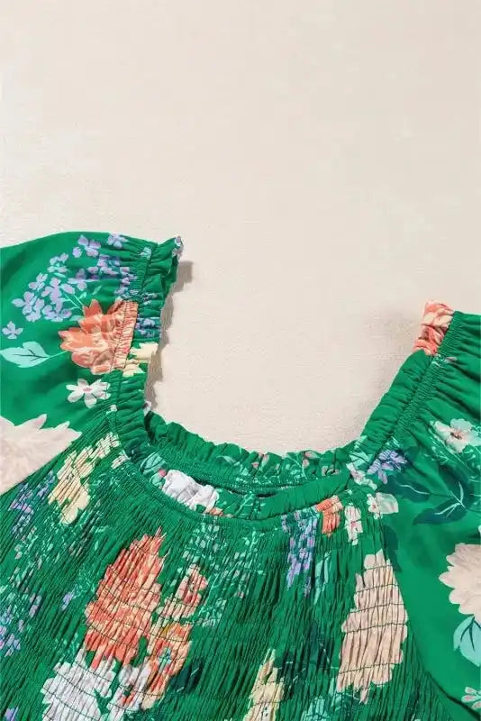 Green Floral Smocked Tiered Midi Dress - Fashionfitz