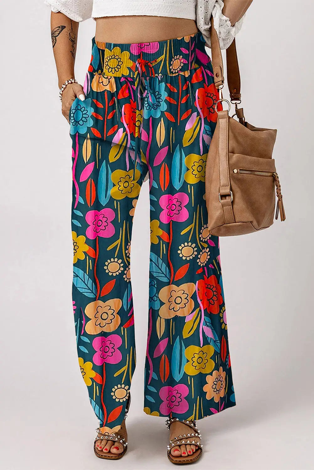 Green floral smocked waist loose pants - s / 100% cotton - trousers