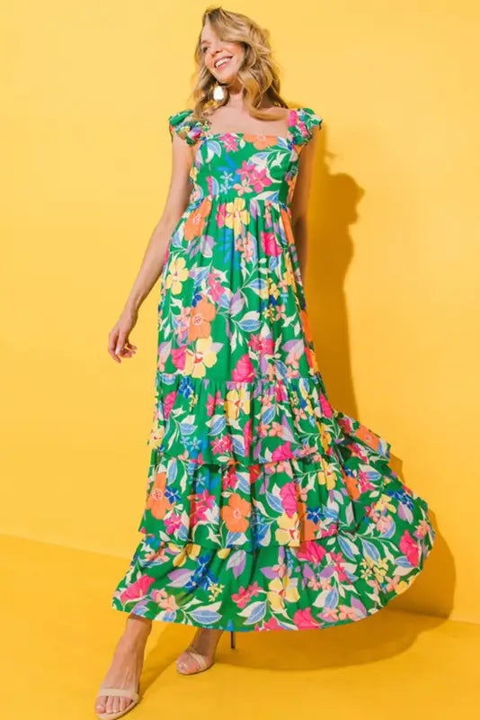 Green floral print sleeveless ruffle tiered maxi dress - dresses/floral dresses