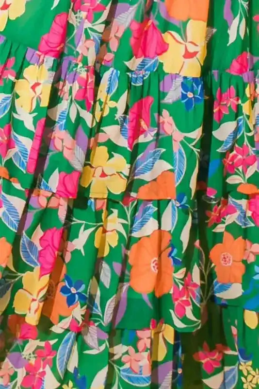 Green Floral Tiered Maxi Dress - Sleeveless Ruffled - Fashionfitz