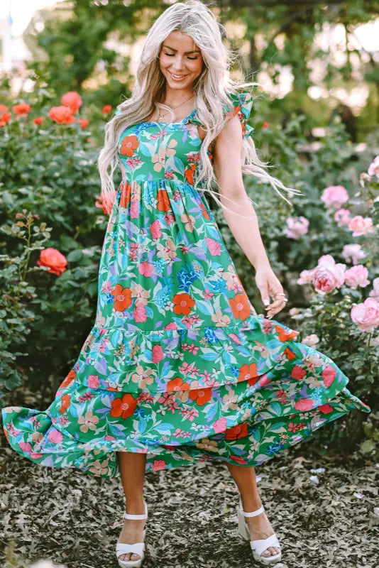 Green floral print sleeveless ruffle tiered maxi dress - dresses/floral dresses