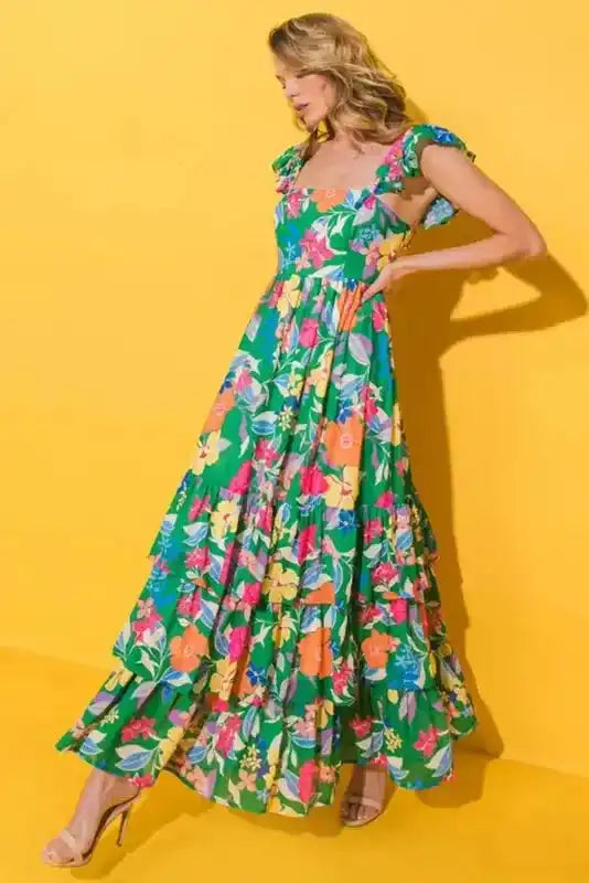 Green Floral Tiered Maxi Dress - Sleeveless Ruffled - Fashionfitz