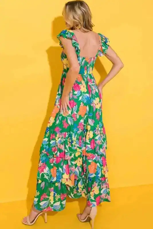 Green Floral Tiered Maxi Dress - Sleeveless Ruffled - Fashionfitz