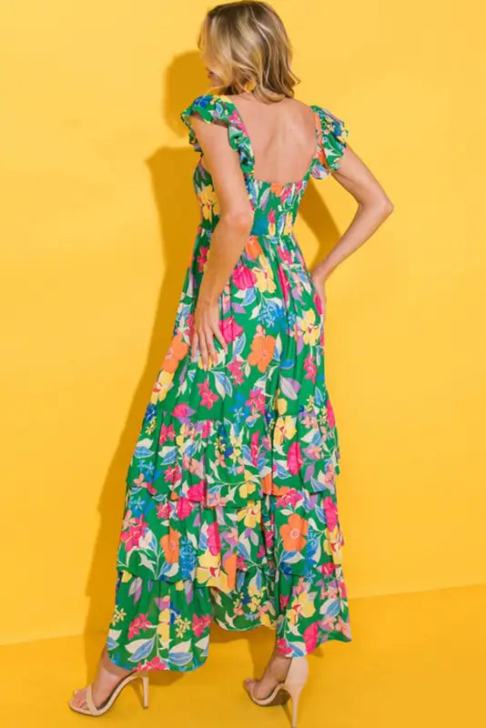 Green floral print sleeveless ruffle tiered maxi dress - dresses/floral dresses