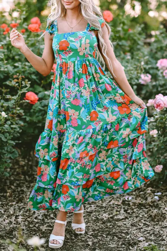 Green floral print sleeveless ruffle tiered maxi dress - dresses/floral dresses