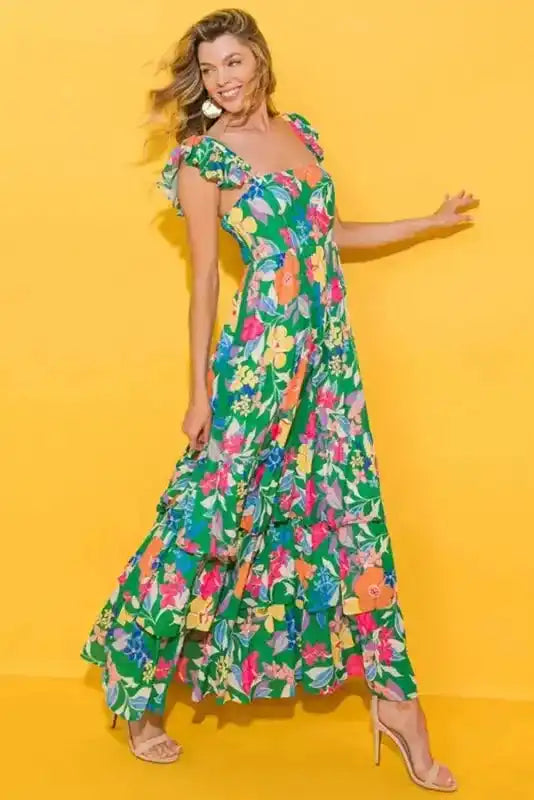 Green Floral Tiered Maxi Dress - Sleeveless Ruffled - Fashionfitz