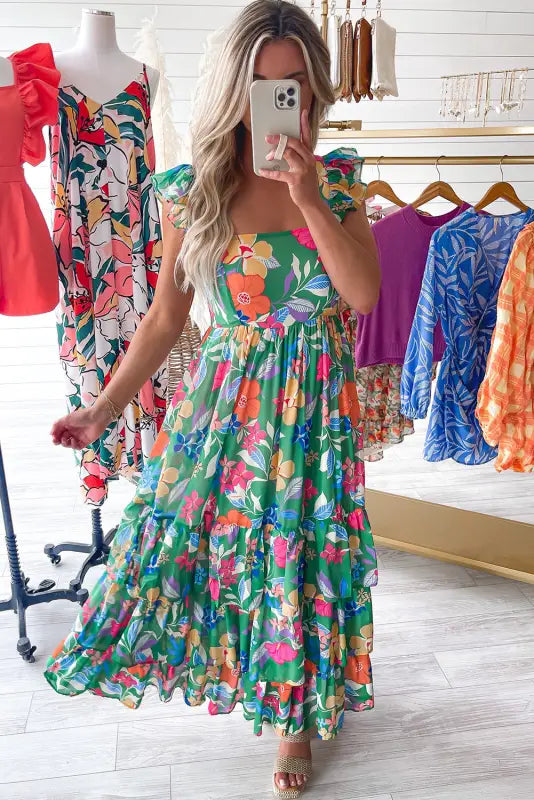 Green floral print sleeveless ruffle tiered maxi dress - dresses/floral dresses