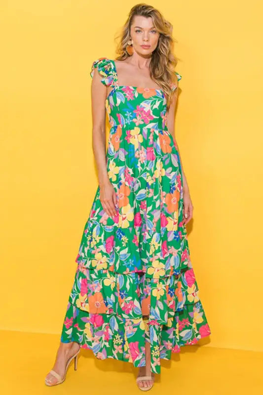 Green floral print sleeveless ruffle tiered maxi dress - dresses/floral dresses