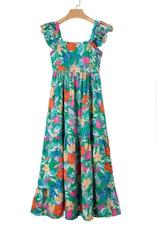 Green Floral Tiered Maxi Dress - Sleeveless Ruffled - Fashionfitz
