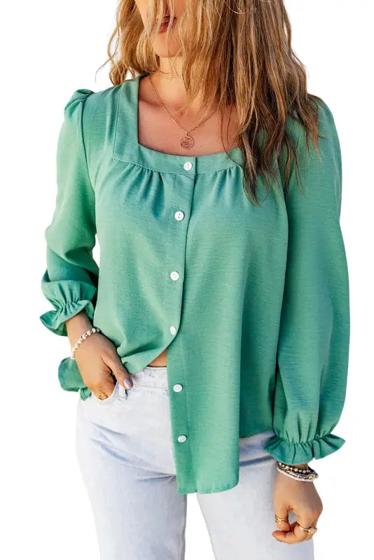 Green flounce sleeve square neck button-up shirt - tops