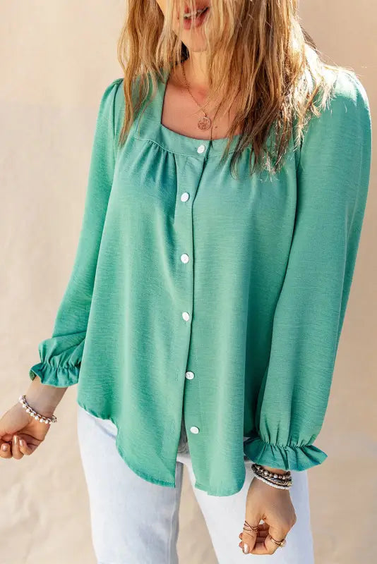 Green flounce sleeve square neck button-up shirt - tops