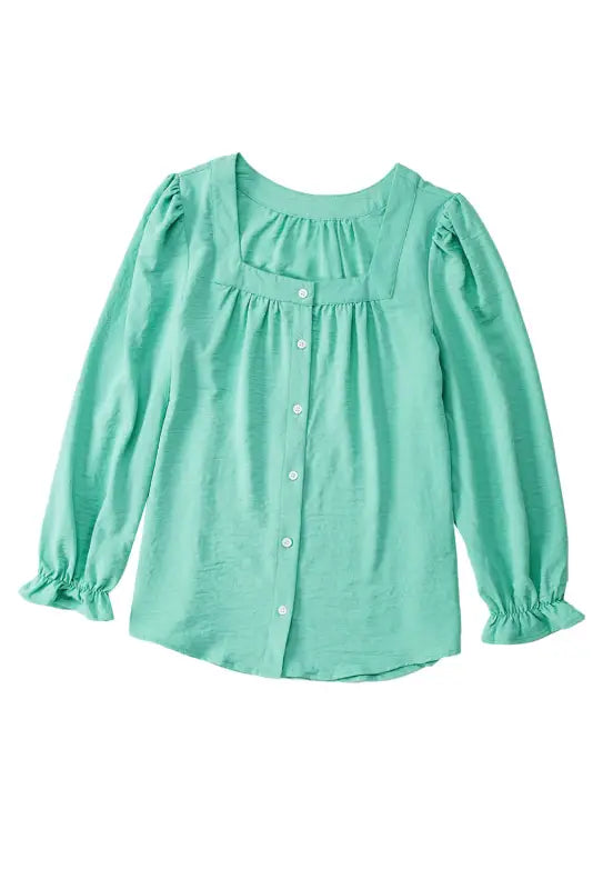 Green flounce sleeve square neck button-up shirt - tops