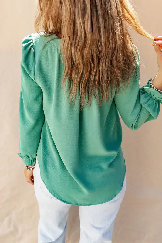 Green flounce sleeve square neck button-up shirt - tops