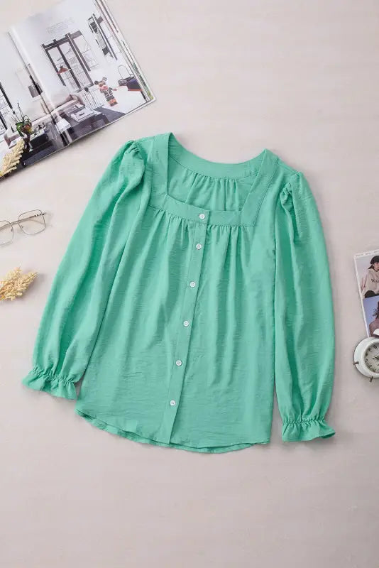 Green flounce sleeve square neck button-up shirt - tops