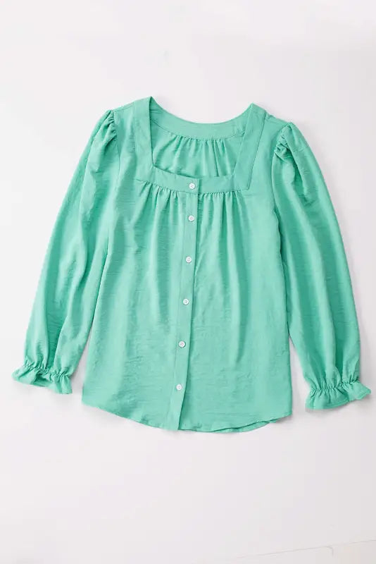 Green flounce sleeve square neck button-up shirt - tops