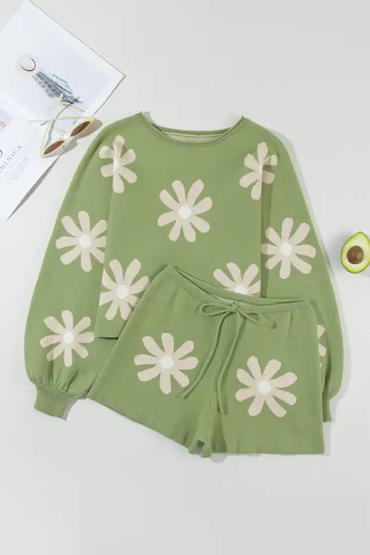 Green flower print bubble sleeve knitted sweater and shorts set - loungewear