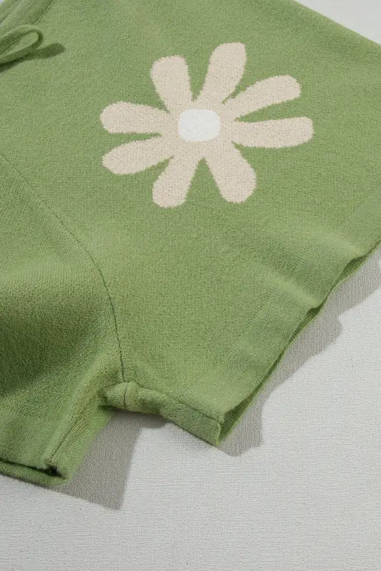 Green flower print bubble sleeve knitted sweater and shorts set - loungewear