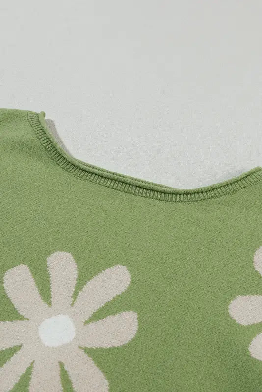 Green flower print bubble sleeve knitted sweater and shorts set - loungewear