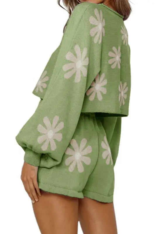 Green flower print bubble sleeve knitted sweater and shorts set - loungewear