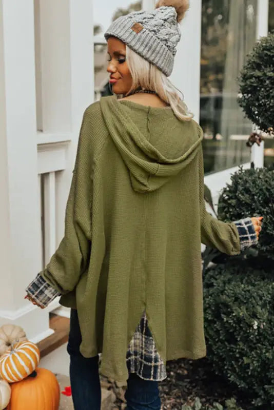 Green flowy plaid accent waffle knit henley hoodie - tops