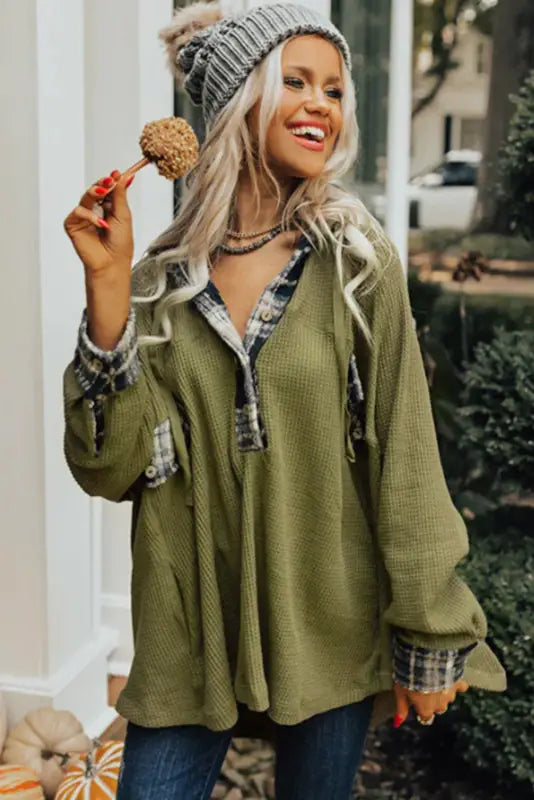 Green flowy plaid accent waffle knit henley hoodie - tops