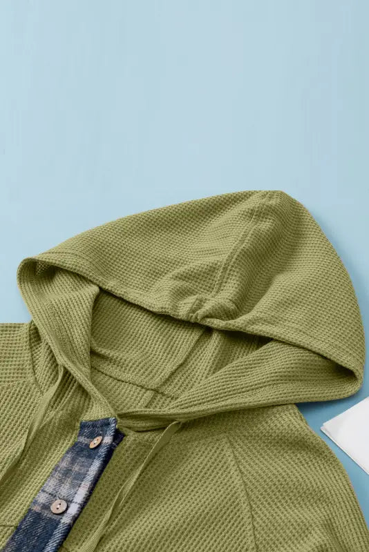 Green flowy plaid accent waffle knit henley hoodie - tops